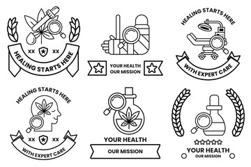 set of health related badges with a magnifying glass in the middle