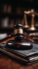 Elegant wooden gavel resting on a dark wooden desk with legal books and scales of justice in background