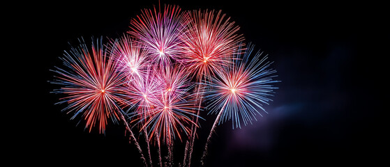 Colorful fireworks explode in the night sky, displaying vibrant red, pink, and blue bursts with sparkling trails and radiant light effects against a dark background