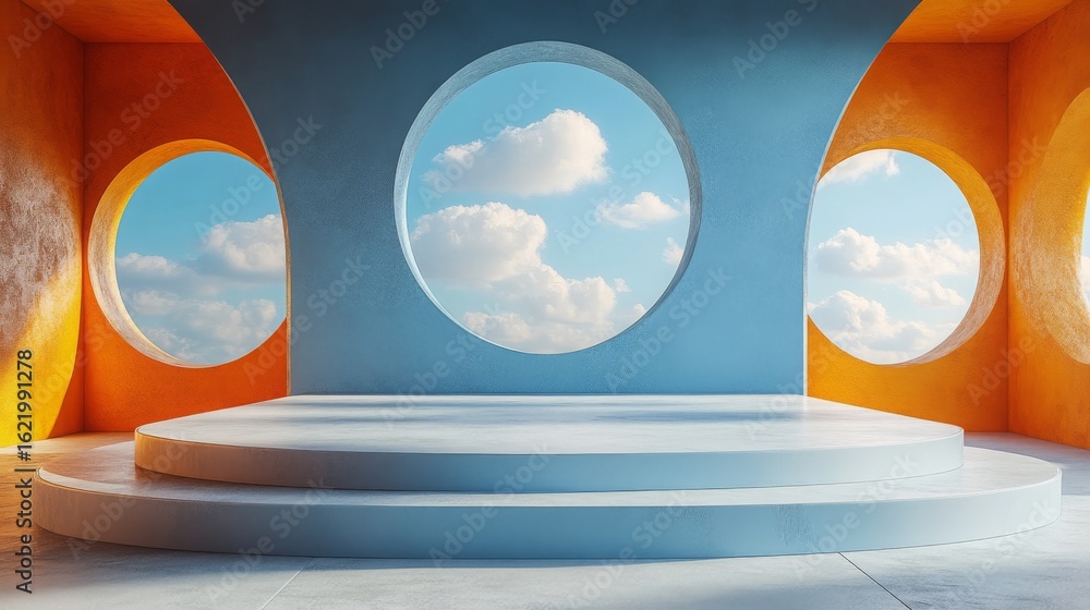 Poster 3d render of a futuristic, minimalist room with circular windows and a podium. the style is abstract