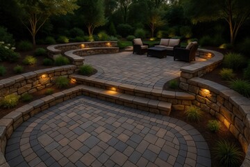 Obraz premium Sophisticated patio with natural stone retaining walls and interlocking pavers creating elegant outdoor entertainment space