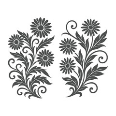 black and white vector set of flower silhouette ornaments, nature plants vector floral frames