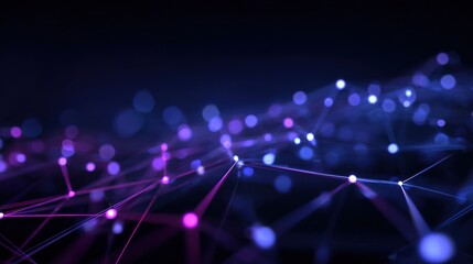 A futuristic 6G network concept featuring glowing digital nodes connected by vibrant beams of light, showcasing a cyberpunk aesthetic in deep blue and neon purple tones.