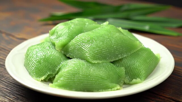 Delicious Kue Putu Indonesian Cake on White Plate and Wooden Table with Pandan Leaves Background A Culinary Masterpiece Perfect for Bakery Promotion and Cultural Celebrations Close Up Rotating Shot