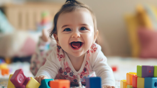 Beb&ecirc; sorridente brincando com blocos coloridos em ambiente aconchegante
