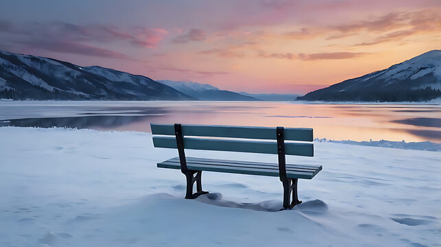 An Empty Park Bench on a Snowy Shoreline with a Frozen Lake, 4k