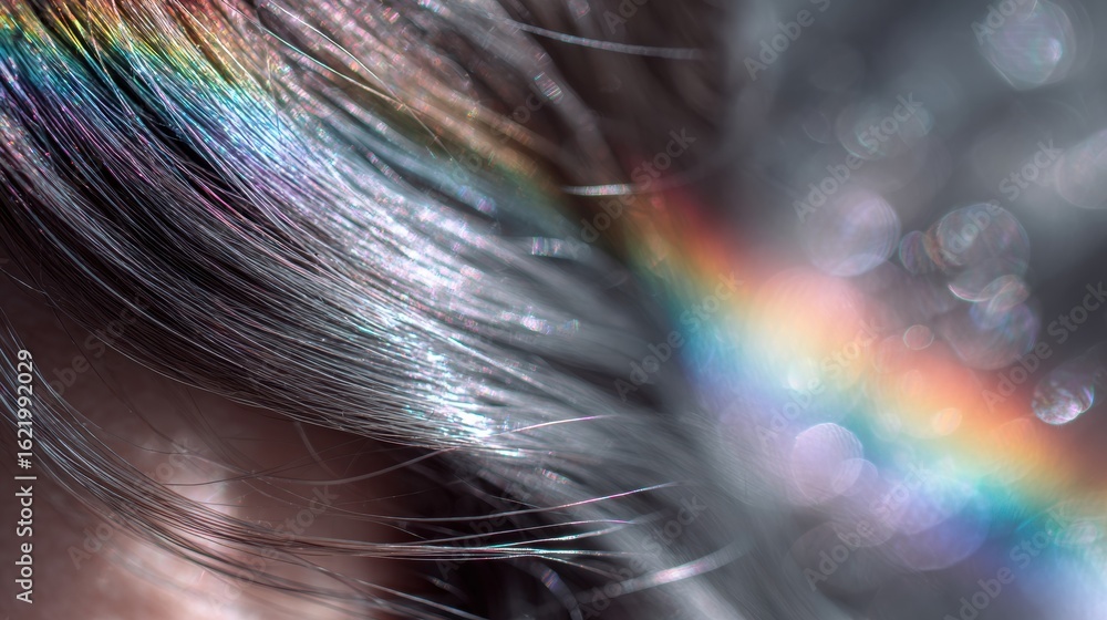 Poster glossy hair reflects rainbow light with soft bokeh background for enhanced visual appeal in a serene