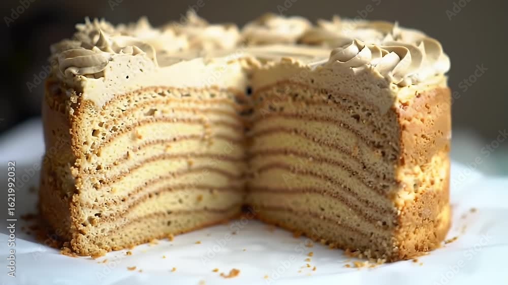 Poster delicious layer cake displayed on table professional high quality video close-up shot of creamy fros