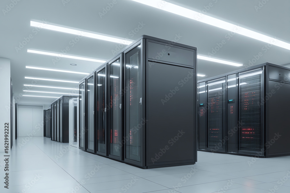 Poster modern data center with rows of black server racks illuminated by bright overhead lights in a clean,