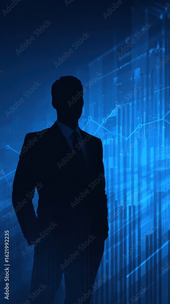 Poster silhouette of businessman against abstract digital background with graphs and lines