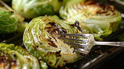 A closeup of a fork piercing a juicy and charred cabbage wedge ready to be enjoyed.