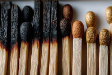 Burnt-out matches contrast with fresh ones on clean backdrop