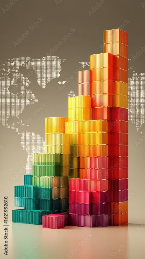 Poster colorful stacked blocks representing data growth against a world map background