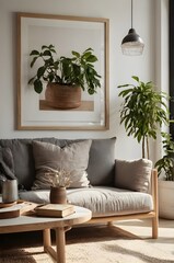 Scandinavian-style living room with a white wall and light wooden floor, large empty picture frame hanging centered on the wall, natural sunlight,Generative Ai
