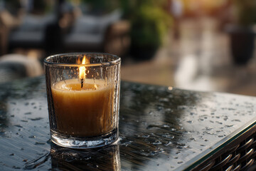 Dripping wax from a nearly burnt candle on a glass table