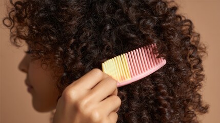 Hand Styling Curly Afro Hair With a Wide-Tooth Comb in a Pastel Setting During a Calm Afternoon