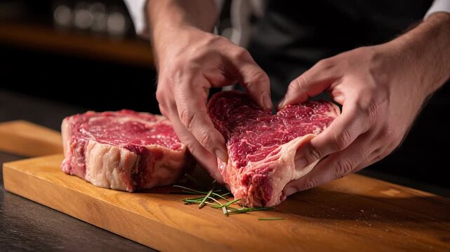 Chef hands shaping raw ribeye beef into heart concept. Fresh meat placed on wooden cutting board with herbs.