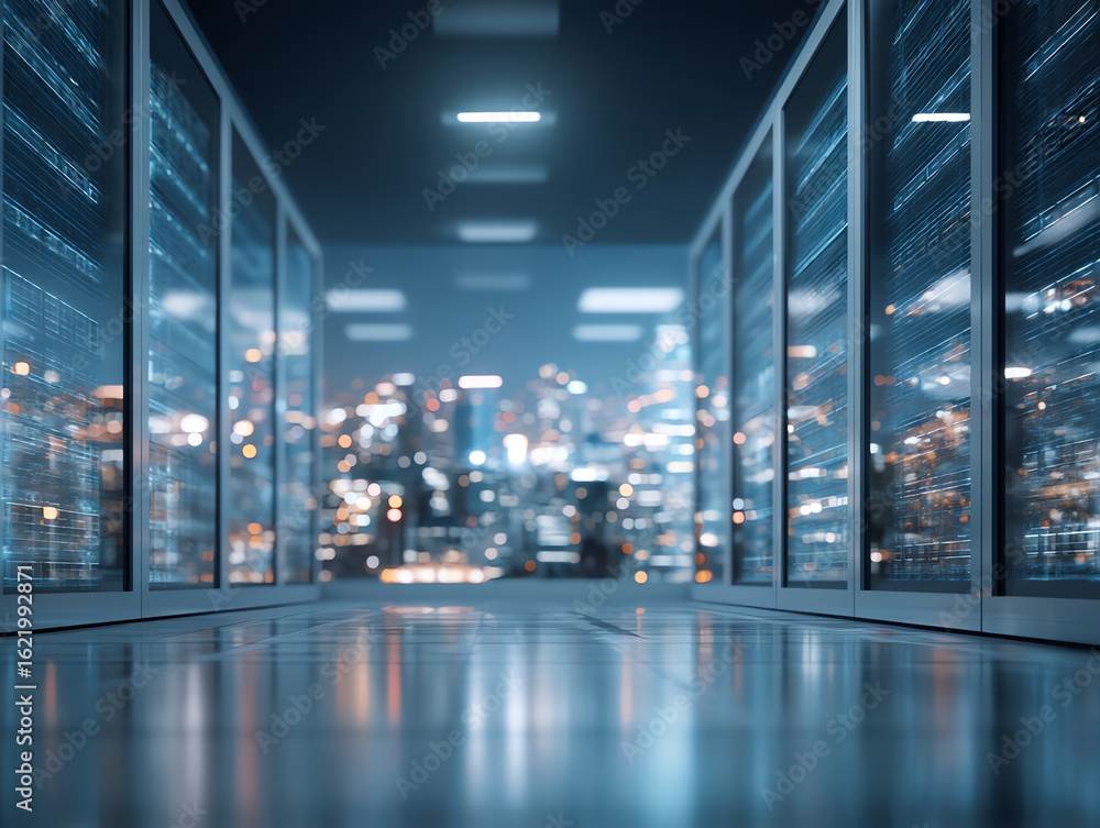 Fototapete futuristic data center corridor with illuminated server racks on both sides and a blurred cityscape 