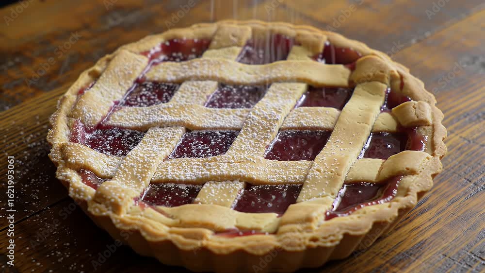 Aufkleber delicious linzer tart on rustic wooden table displaying a lattice crust and powdered sugar with cher