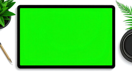 Tablet with green screen, surrounded by a plant, pen and a cup of coffee, ideal for mockup projects, Tablet mockup for showcasing website designs and app interface, ideal for presentations
