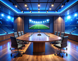 Modern Sports Press Conference Room with Stadium View and LED Lighting – No People or Branding