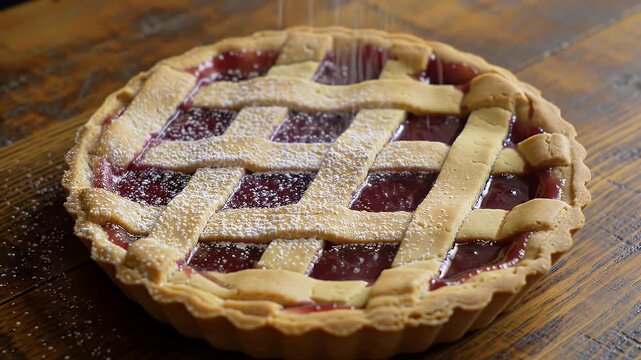 Delicious Linzer Tart on Rustic Wooden Table Displaying a Lattice Crust and Powdered Sugar with Cherry Filling in High Angle Shot Showcasing Traditional Austrian Pastry And Gourmet Treat Presentation