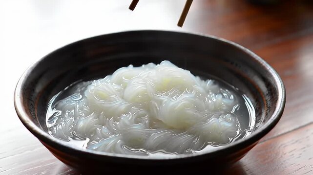 Delicious Lod Chong in Bowl on Wooden Table with Professional Lighting Translucent Worm Like Rice Noodles Submerged in Sweet Coconut Milk Highlighted Culinary Traditions and Tropical Flavors Inviting