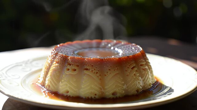 Delicious Malva Pudding on Decorative Plate with Rising Steam a South African Dessert with Caramelized Top and Moist Sponge Ideal for Bakery and Pastry Promotions Tempting Food Presentation