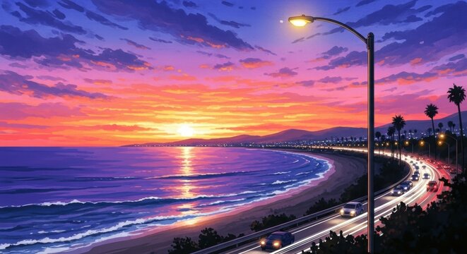 Pixel Art Coastal Road with Cars at Sunset Overlooking Ocean and City Lights