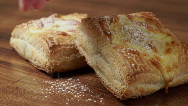 Delicious Marquesitas Pastries Displayed on Dark Wood Table Under Soft Studio Lighting With Golden Brown Glazed Tops Sprinkled By Fine Powdered Sugar Showcasing Yucatecan Street Food Delight