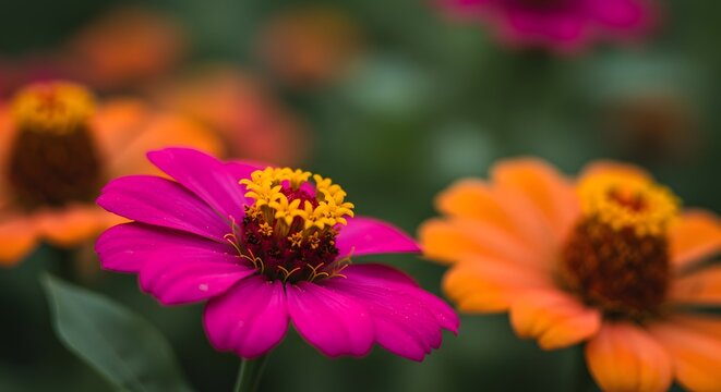 A close up of pink and orange zinnia flowers with yellow centers in a garden setting outdoors bloom