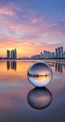 Cityscape Sunset Reflection in Glass Sphere