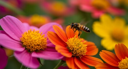 A bee flying towards an orange flower surrounded by pink and yellow flowers in a garden setting tropical flowers