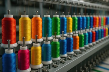 Colorful industrial textile spools organized on manufacturing machinery showcasing textile production and craftsmanship
