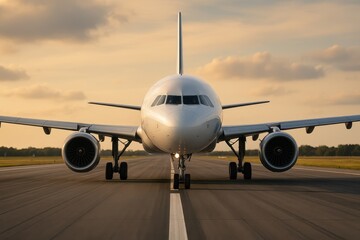 Naklejka premium Commercial Aviation Departure: Modern Passenger Aircraft Preparing for Takeoff on Professional Airport Runway
