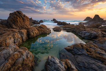 Colorful sunset reflected in tranquil tidal pools on rocky shore