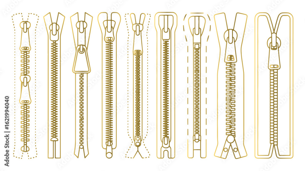 Poster golden zipper collection outline style on transparent background for graphic design projects