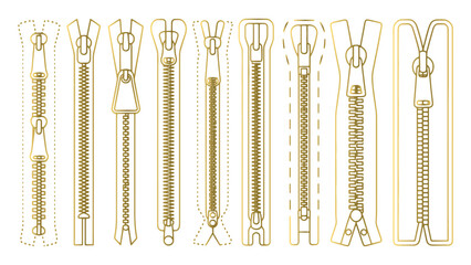 Golden Zipper Collection Outline Style on Transparent Background for Graphic Design Projects © Design Crush