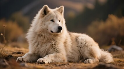Obraz premium A serene white wolf resting on the ground in a natural setting with blurred autumnal background.
