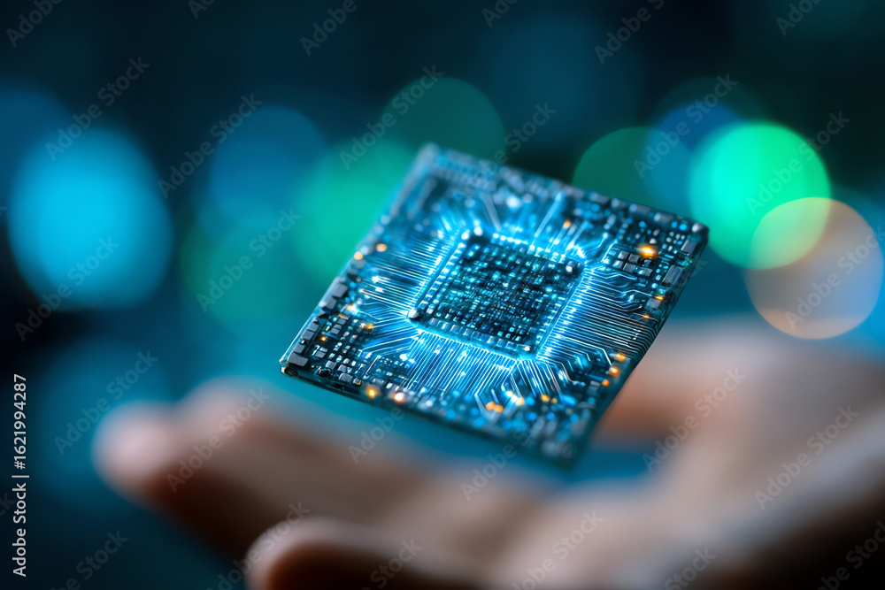 Poster a close-up of a glowing blue microchip floating above an outstretched hand, symbolizing advanced tec