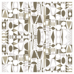  Abstract geometric pattern with triangles, circles, and squares in shades of taupe, grey, and white.