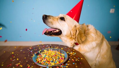 Golden Retriever celebrates birthday with confetti and treats.