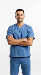 Fototapeta premium indian male nurse in blue uniform standing with arms crossed and confident smile on white background