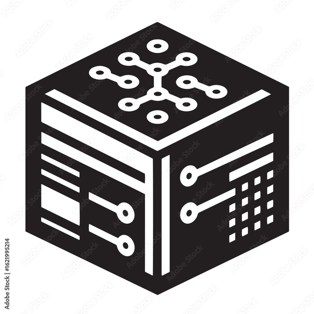 Poster black and white isometric illustration of a server cube representing technology and networks