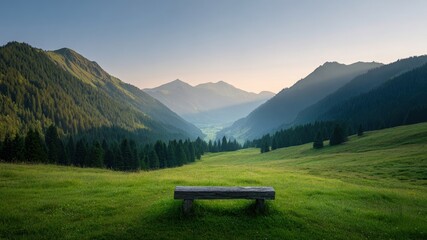 Serene meadow used in eco therapy offers peaceful retreat surrounded by majestic mountains and lush greenery, inviting relaxation and reflection