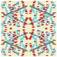 Abstract digital pattern with symmetrical red and blue elements.