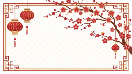 A decorative frame adorned with blossoming branches and traditional red chinese lanterns evokes the beauty and festive spirit of the lunar new year celebration isolated on transparent background