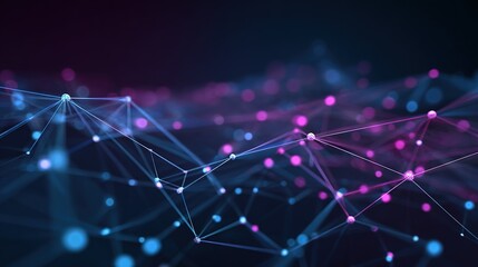 A futuristic 6G network concept featuring glowing digital nodes connected by vibrant beams of light, showcasing a cyberpunk aesthetic in deep blue and neon purple tones.