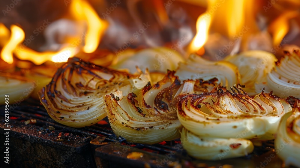 Poster thinly sliced fennel roasted over an open flame adding a smoky element to the dish.