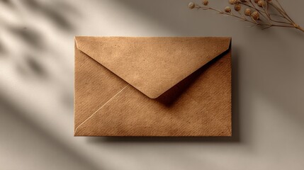 A closed brown paper envelope with neatly folded flap rests on a flat surface,